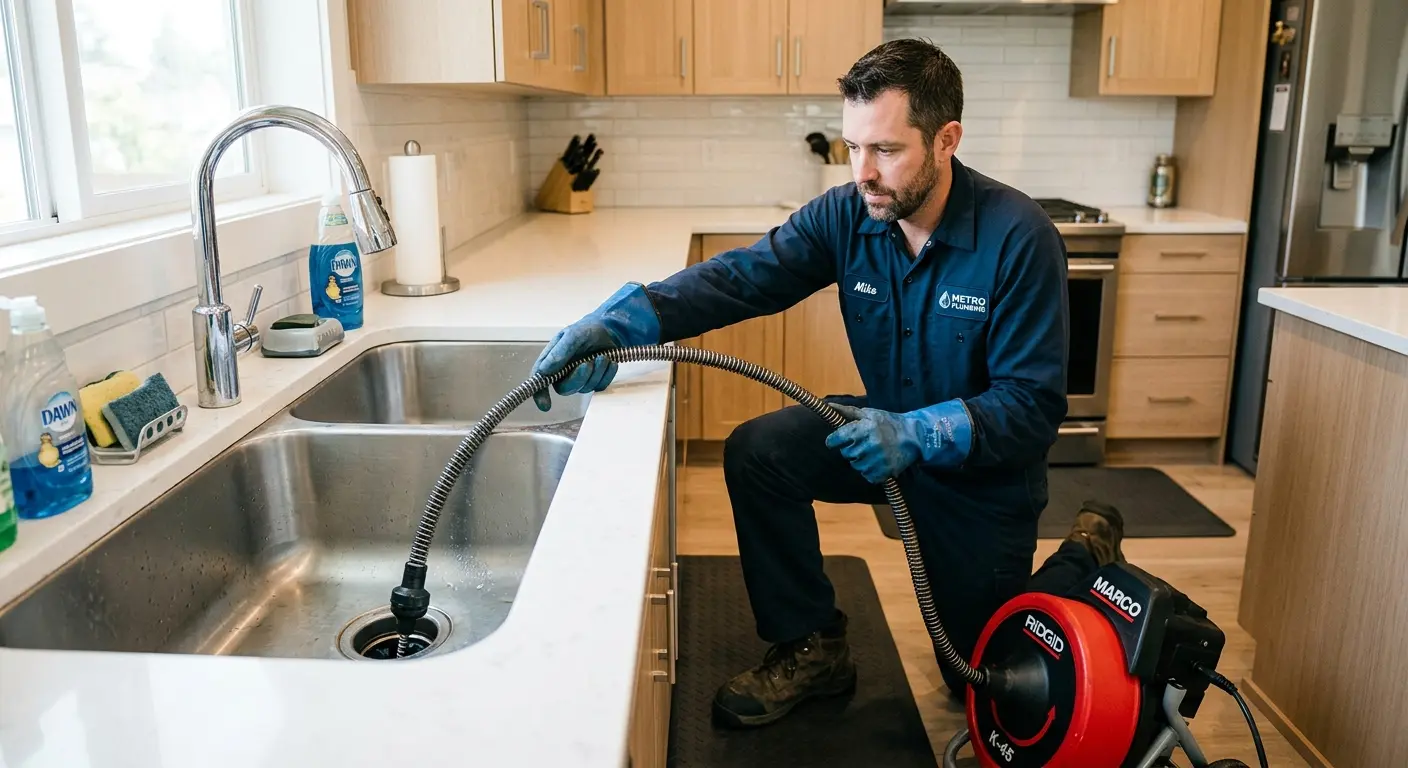 Drain cleaning technician using a motorized snake on a kitchen sink in Marcy
