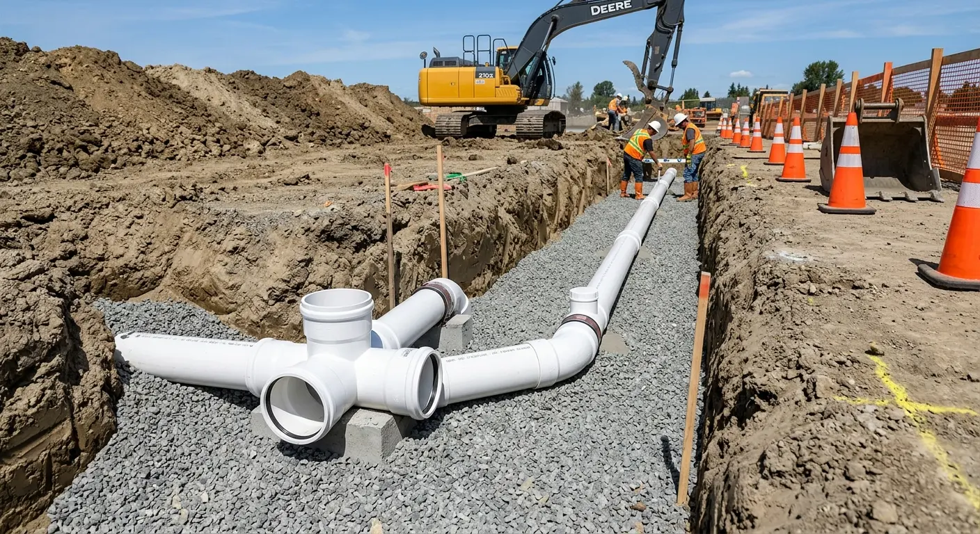 New PVC sewer pipe installation in open trench for Sewer Backup in Marcy