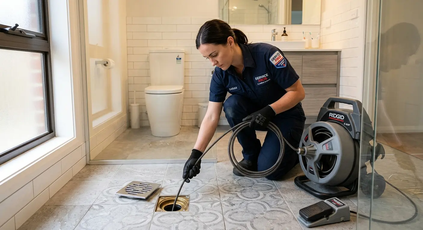 Technician clearing a bathroom floor drain for Hydro Jetting in Marcy